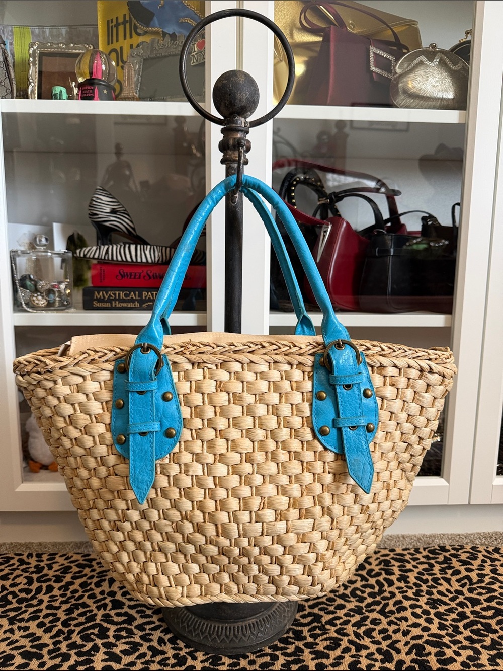 Y2K Woven Straw Basket Bag/Tote with Turquoise Handles